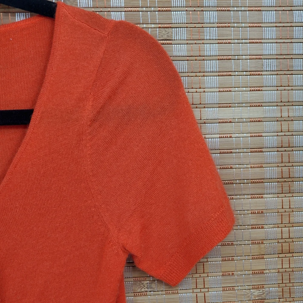 ♧ Henri Bendel Orange Cashmere Pleated Scoopneck Short Sleeve Sweater Size Small